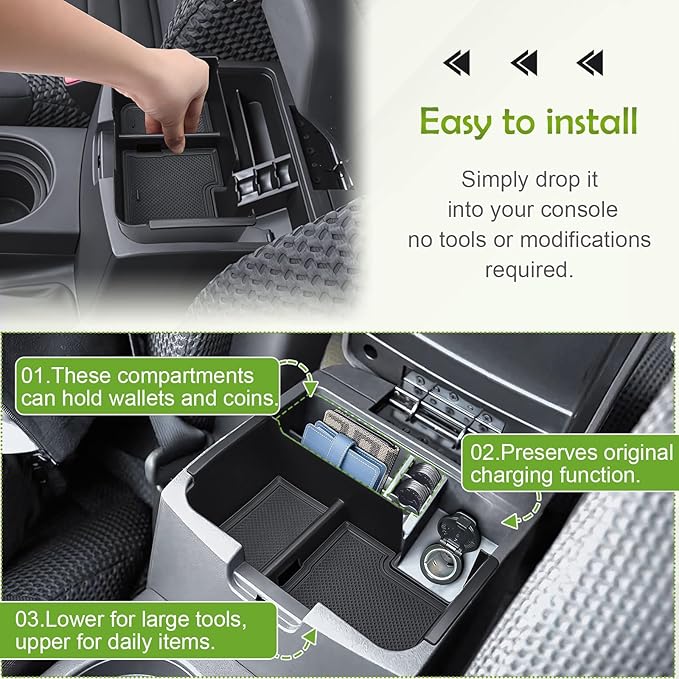 HGWEI Upgrade Center Console Organizer Compatible with 2005-2021 Nissan Frontier Interior Accessories Middle Armrest Storage Box Insert Compartment Tray Hidden Storage Space with Rubber Mats, Black