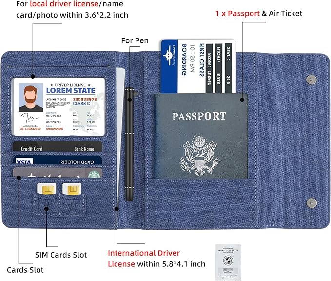 WALNEW RFID Passport Holder Travel Organizer, Fits International Driving Permit (IDP), PU Leather Document Holder for One Passport, Stylish Travel Accessory, Dark Blue