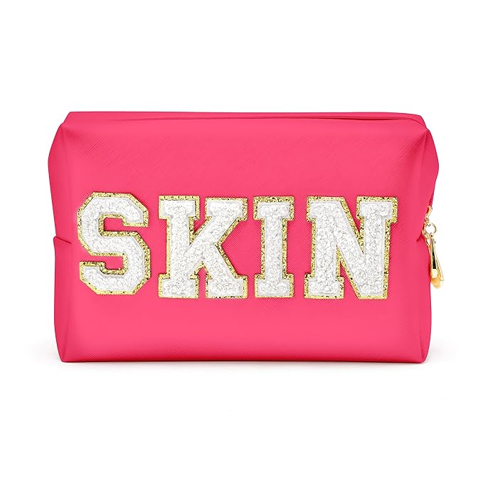 Y1tvei Preppy Patch SKIN White Letter Cosmetic Toiletry Bag PU Leather Portable Makeup Bag Daily Use Storage Pouch Toiletry Purse Waterproof Organizer for Travel Varsity Women Girls (Rose Pink)