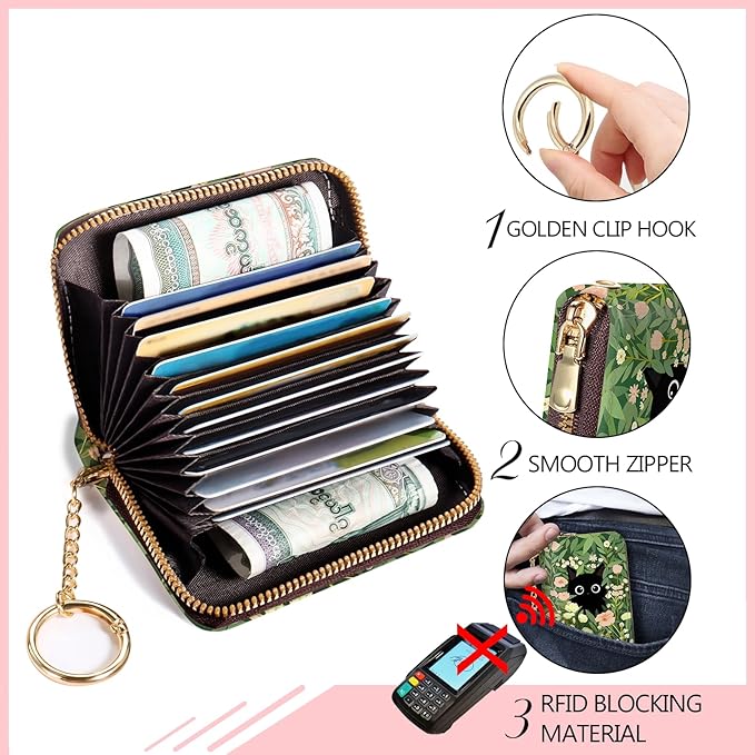 Blusabaca Women's Black Cat Floral RFID Wallet, Waterproof, Leather, 12 Card Slots, 2 Pockets for Coins, 2.5 in x 3.5 in