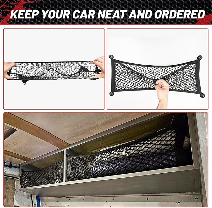 RED WOLF 2 Pcs Universal Cargo Net Pocket Elastic Mesh Netting Car Mesh Pouch for Trunk RV Boats Home Cargo Storage Mesh with Screws and Hooks (25.6'' x 9.8'')