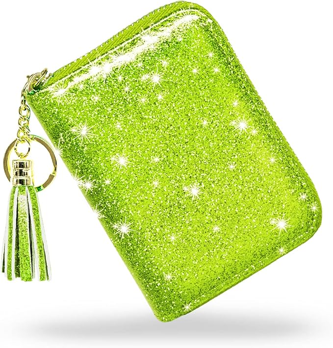 Coco Rossi Women's Small Credit Card Wallet RFID Cute Glitter Card Holder for Women, Chartreuse