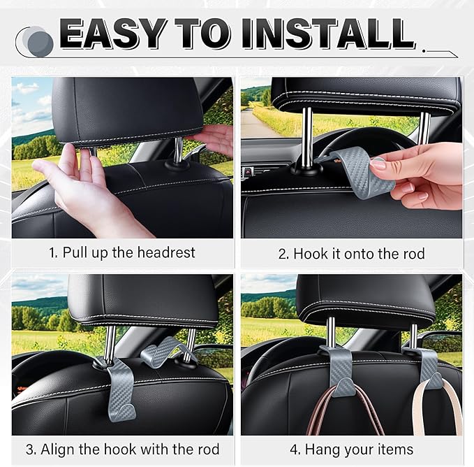 SINGARO Universal 2 Pack Car Seat Headrest Purse Hook, Carbon Fiber Back Seat Hook Storage Organizer Hanger for Purse Handbag Coat, Car Interior Accessories(Gray)