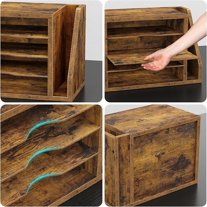 Creso hom Mail Sorter, File Organizer Desktop, Wood Desk Organizer with 3 Adjustable Shelves, Mail Holder for Office, Home, Letter Sorter File Holders for Envelopes, Supplies Magazines, Rustic Brown