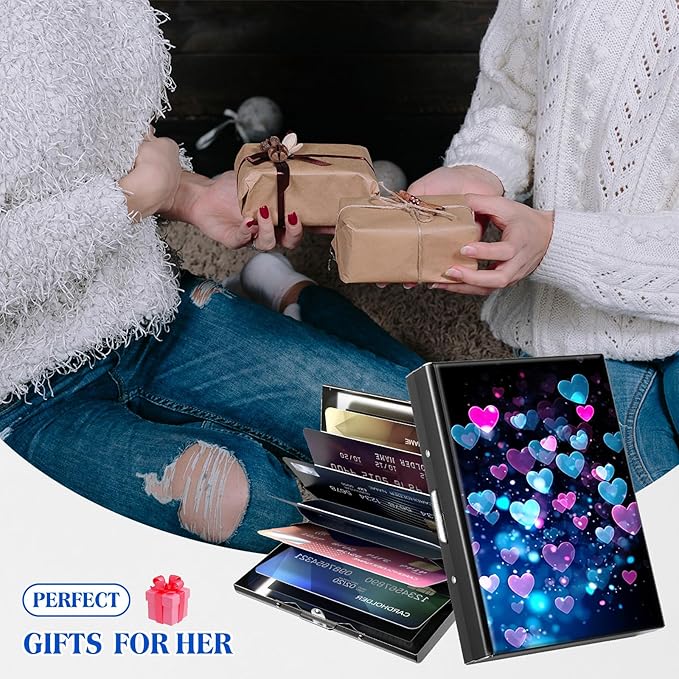 RFID Blocking Credit Card Holder - Slim Metal Wallet for Women & Men,Colorful Heart Shape Design Stainless Steel Business Card Case,Compact Pocket Organizer for Travel & Daily Use