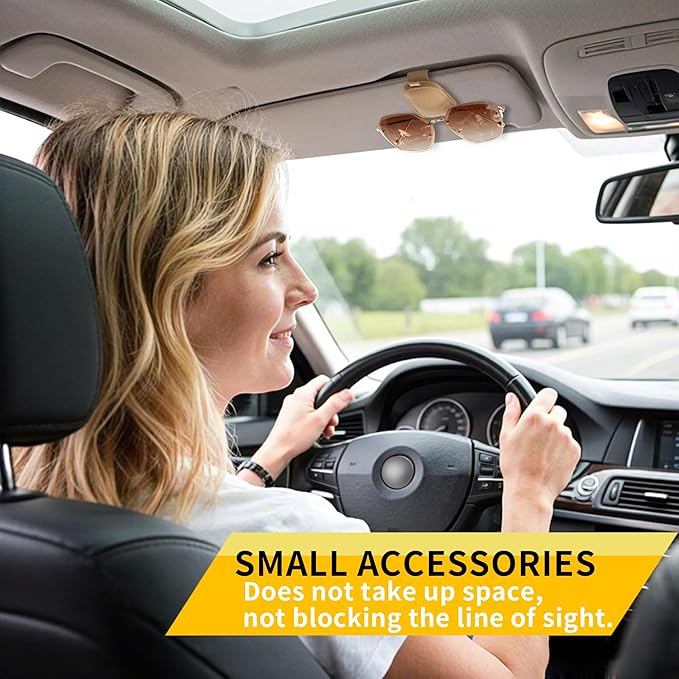 Yuoyar Sunglass Holder for Car, Magnetic Leather Sunglasses Holder and Ticket Card Clip, Car Visor Accessories, 2 Packs (Beige)