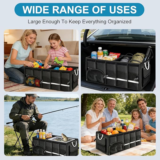 Car Trunk Organizer, 1680D Waterproof Oxford, Collapsible Waterproof Car Organizer Storage with Foldable Cover, Reflective Strip, 4 Mesh Pockets for SUV, Truck, Sedan, Camping, Road Trip (92L)