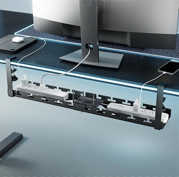 ARES WING 17"-28.7" Extendable Under Desk Cable Management Tray with Cable Slots, Clamp On Cord Organizer Holds Up to 11 lbs, Black Metal Under Desk Storage for Office and Gaming Accessories