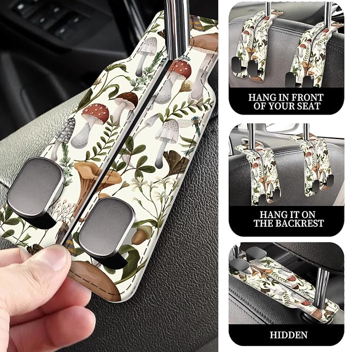 PU Leather Car Seat Hook, Storage Headrest Hanger, Cute Car Backseat Organizer, Car Hooks for Purses and Bags Mushroom Forest Pattern