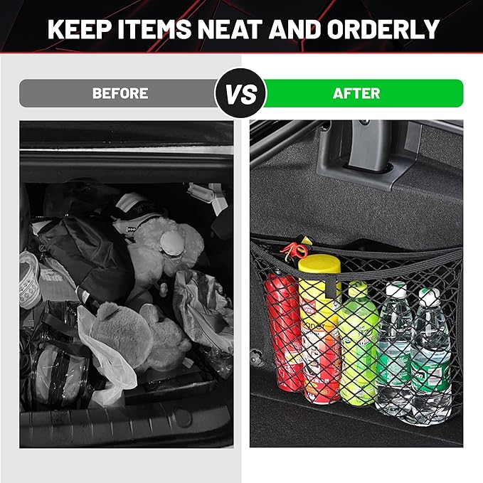 RED WOLF 3 Layer Small Cargo Net 17.7" x 9.8" Elastic Stretchable Bungee Nets Storage Mesh Pocket Organizer Mounting w/8 Screw and Built-in Hooks for SUV Truck Camper Accessories