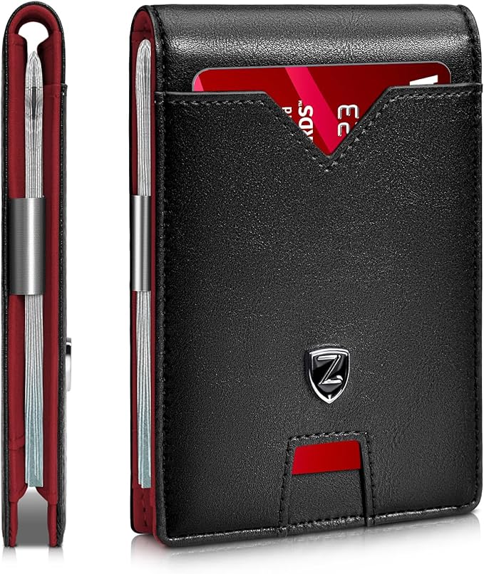 Zitahli Slim Wallet for Men with Money Clip, Minimalist Front Pocket RFID Blocking Leather Wallets Bifold Credit Card Holder, 11 Card Slots and ID Window with Gift Box