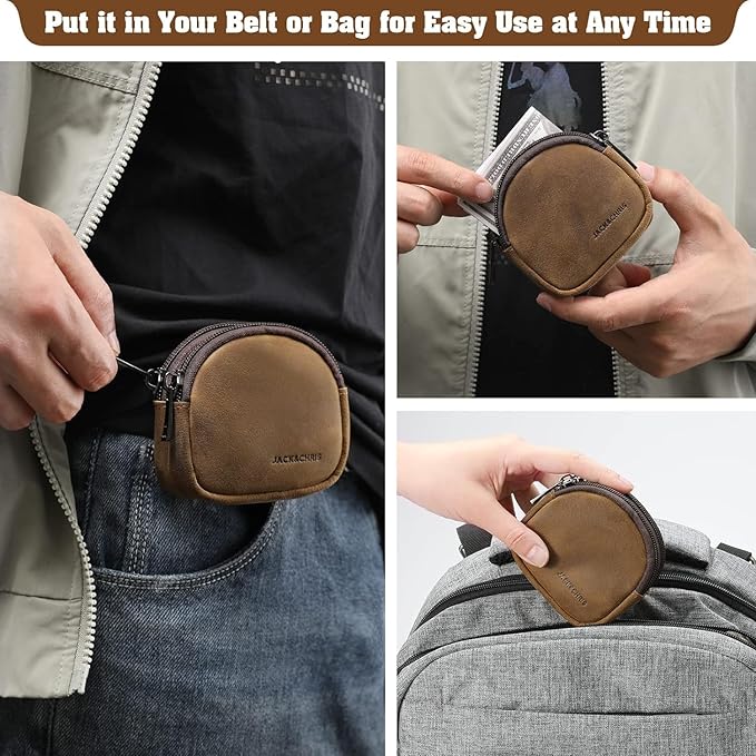 Jack&Chris Coin Purse for Men, Genuine Leather Mini Coin Wallet Zipper Pocket with Back Belt Loop, Coin Bag for Men