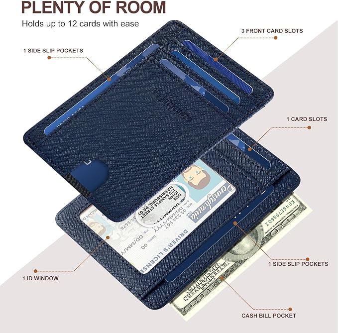 Slim Minimalist Front Pocket Thin Wallet RFID Blocking 100% Genuine Leather Credit Card Holder for men Women, with Gift Box-Cross Blue