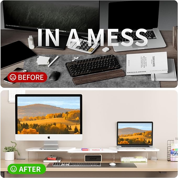 AFOOYO LED Dual Monitor Stand Riser for 2 Monitors,Office Desktop Wooden Stand Adjustable Length and Angle 3 Shelf,Extra Long Multifunctional Stand up to 39.3" for Computer,Laptop,TV,White