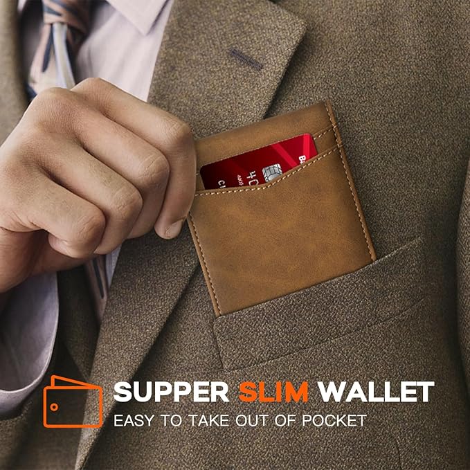 RUNBOX Wallet for Men Slim Leather Bifold RFID Blocking Minimalist Front Pocket Design with Gift Box