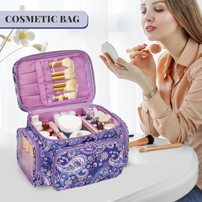 Bagmoly Large Makeup Bag, Portable Travel Makeup Bag Organizer for Women Girls with Makeup Brush Compartment & Two Side Pockets, Cosmetic Travel Bag Vertical Storage Toiletry - Purple