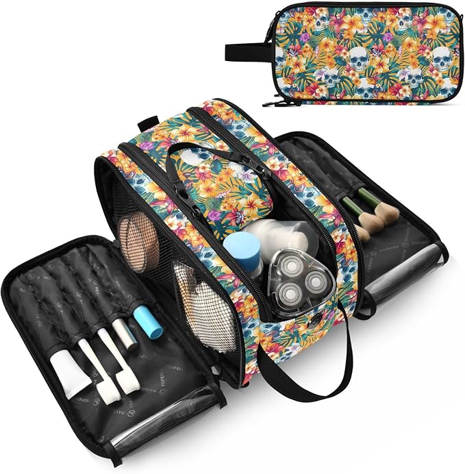 MNSRUU Large Capacity Makeup Bag, Skulls Hibiscus Flowers Portable Toiletries Organizer for Women, Travel Size Cosmetic Bag