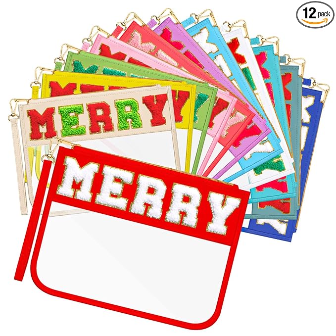 Abbylike 12 Pcs Snack Bags Chenille Letter Merry Zipper Pouch Waterproof PVC Large Bag for Travel Makeup Cosmetic Storage Organizer for Mom Team Cheerleaders Teacher (Bright Colors)