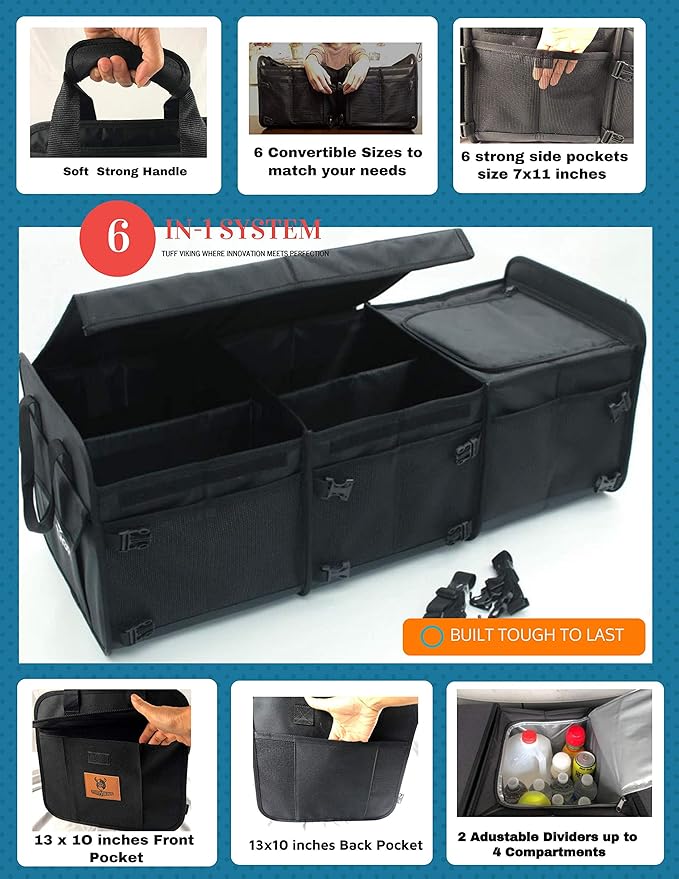 Tuff Viking Convertible Large 3 Compartment SUV Trunk Organizer with Cover | Truck Bed Organizer | for Trucks, Cars, SUVs and Groceries with Tie Down Straps. (6 in 1 with Cover, Black)