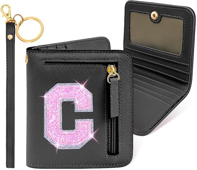 COSHAYSOO Small Wallet RFID Blocking Womens Lady Teenager Girls Personalized Initial Gift Preppy Monogrammed Letter Mini Purse for Travel Credit ID Cards Cash Coin Slot Holder Organizer Black C