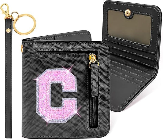 COSHAYSOO Small Wallet RFID Blocking Womens Lady Teenager Girls Personalized Initial Gift Preppy Monogrammed Letter Mini Purse for Travel Credit ID Cards Cash Coin Slot Holder Organizer Black C