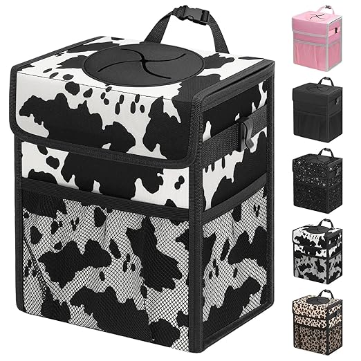 Capolo Car Trash Can with Lid, Leakproof Car Trash Bag Hanging Waterproof Automotive Garbage Can with Storage Pockets Mini Vehicle Trash Bin for Back/Front Seat(Cow Print,3 Gallon)