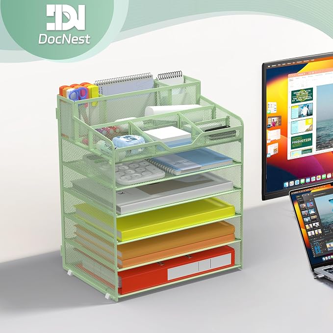 Docnest 6 Tier Mesh Desk Organizer for Paper Office Supplies – Multi-Functional Letter Tray with 5 Adjustable Compartments, 6 Pen Holders, Desktop Storage for Files, Mail, Stationery – Green
