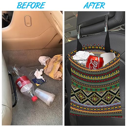 Car Trash Bag Hanging Green Ethnic Style Car Trash Can Waterproof Garbage Bag Hanging for Car Back Seat