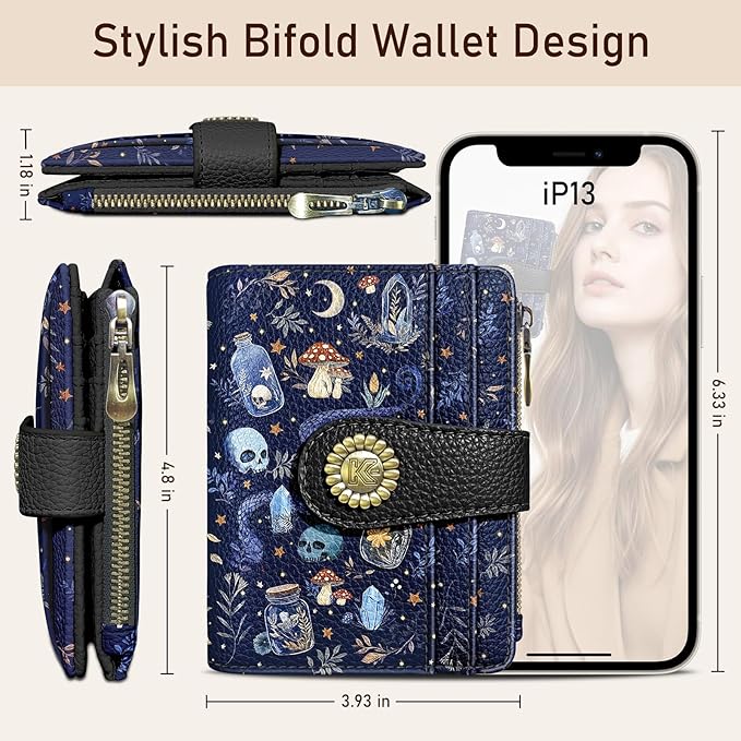 Kelvoris Skull Mushroom Snake Night Small Rfid Women Wallet Bifold Zipper Coin Pocket PU Leather Compact Cash Credit Card Holder Travel Wallet for Female Ladies Teen Girls 1 ID Window 10 Card Slots