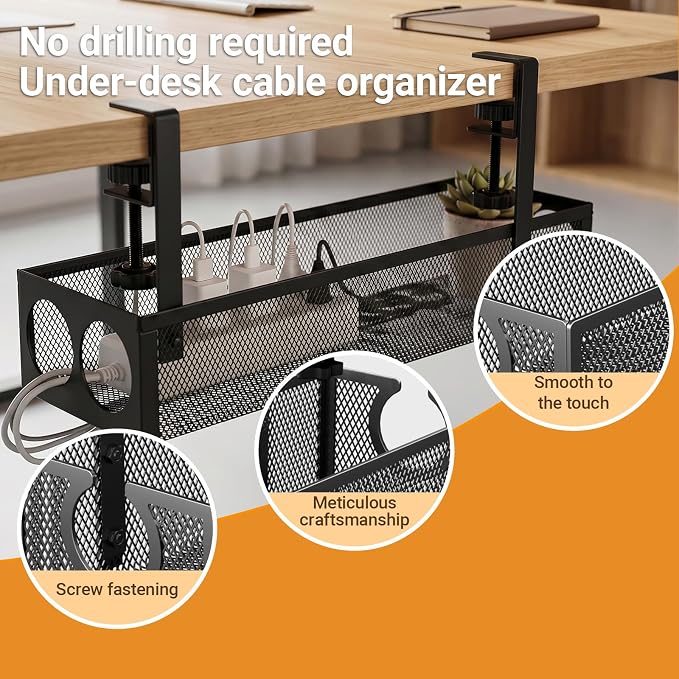 UIN Under Desk Cable Management Tray No Drill,15.35" Metal Cord Organizer with Clamp for Standing Desk, Cable Organizer for Home Office (Black)