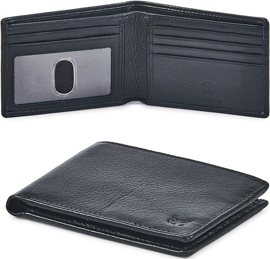 Real Leather Mens Bifold Wallet RFID Blocking Slim Minimalist Front Pocket - Thin & Stylish with ID Window in Gift Box (Nappa, Black)