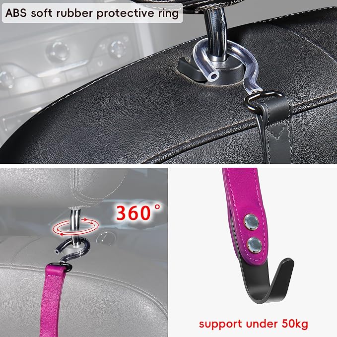 2 Pack Car Hook Holder Leather Headrest Hooks for Purses and Bags,SUS304 Car Hook(Rose Red)
