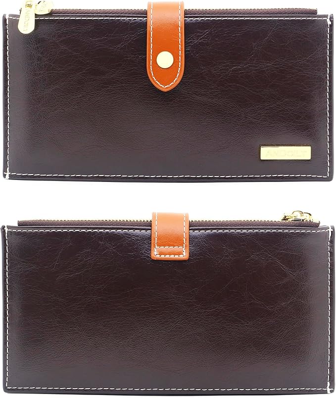 ANDOILT Women's Genuine Leather Wallet RFID Blocking Credit Card Holder Zipper Purse Cell Phone Handbag