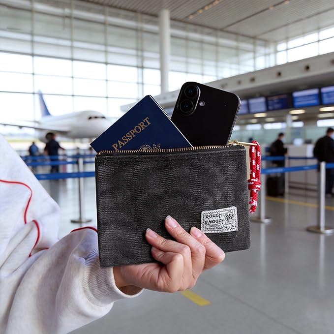 Rough Enough Passport Wallet for Men Women Compact Travel Pouch for Documents ID Essentials with Key Ring Heavy Duty Canvas