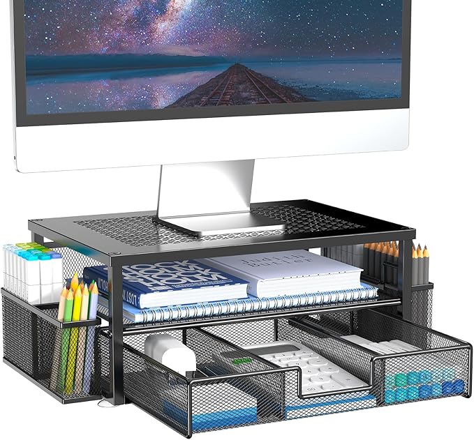 MINDEPOT 2 Tier Computer Monitor Stands with Drawer and 2 Pencil Holder, Metal Monitor Stand, Office Desk Accessories Workspace Desktop Organizers for Office Supplies, Black