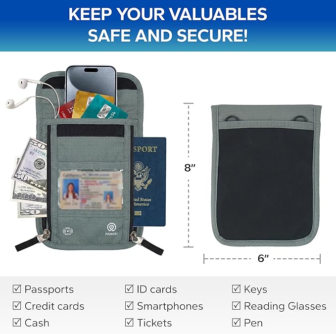 Travel Neck Wallet – Travel pouch and RFID Blocking Passport Holder for Women and Men - Slim Travel Wallet to Keep Your Cash, Passport, Credit Cards Safe. (Moss Grey)