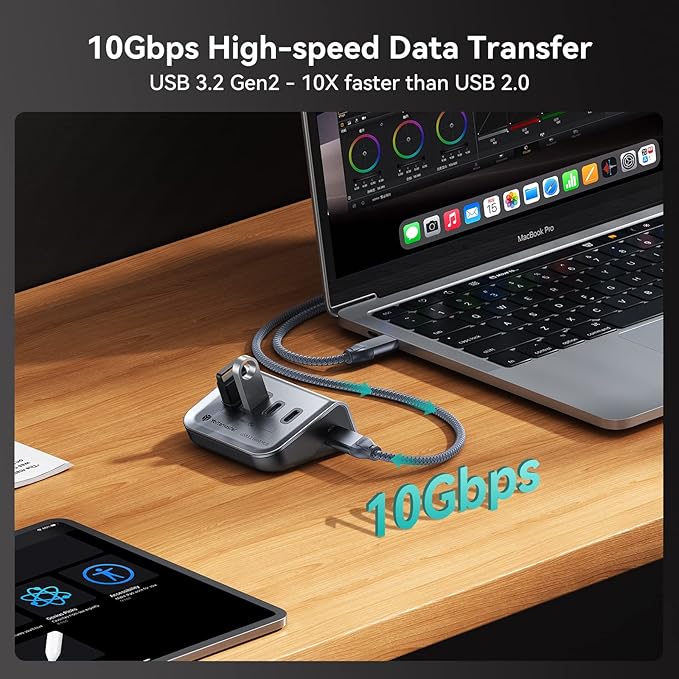 Yottamaster 4-in-1 USB C Hub, 10Gbps USB 3.2 Gen 2 Desktop Hub with 2 USB-A& 2 USB-C Data Ports, 2-in-1 USB-C/A Cable, Angled USB Splitter for PC, Laptop, Mac mini, MacBook, iMac(Not Support Charging)