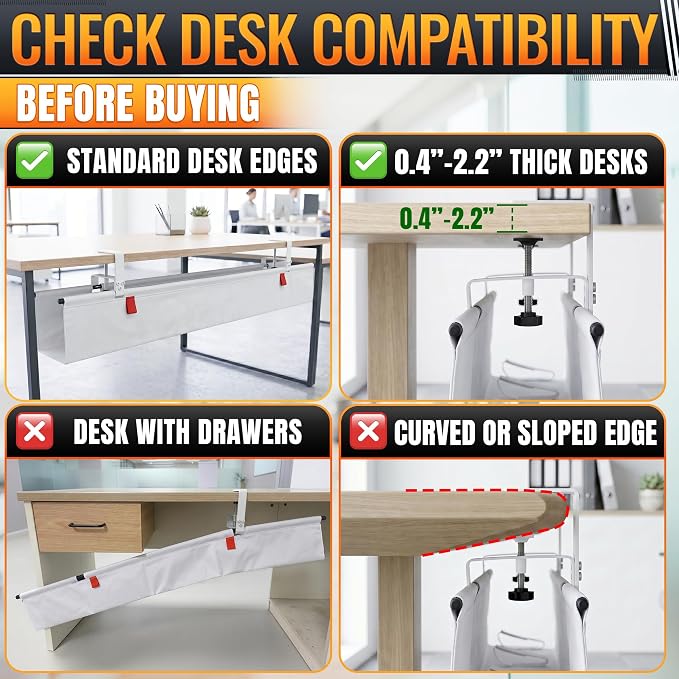 Under Desk Cable Management Tray 48" — No Drill Clamp-On Cord Organizer for Desk with Built-in Ties, Heavy Duty Metal Clamp, Foldable 600D Oxford Fabric for Home Office, WFH & Gaming PC Setup (White)