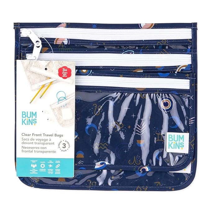 Bumkins Travel Bag, Toiletry, TSA Approved Pouch, Zip Bag, Quart Size Airline Compliant, Clear-Sided, Baby, Diaper Bag Organization, Makeup, Accessories, Carry On Packing, Set of 3 Sizes, Evil Eye