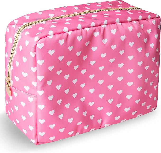 Nylon Large Makeup Bag Travel Cosmetic Bag Pouch, Big Preppy Makeup Bag Cute Cosmetic Zipper Pouch Purse, Waterproof Toiletry Bag Clutch Makeup Organizer Travel Essentials for Women Girls(Pink Heart)