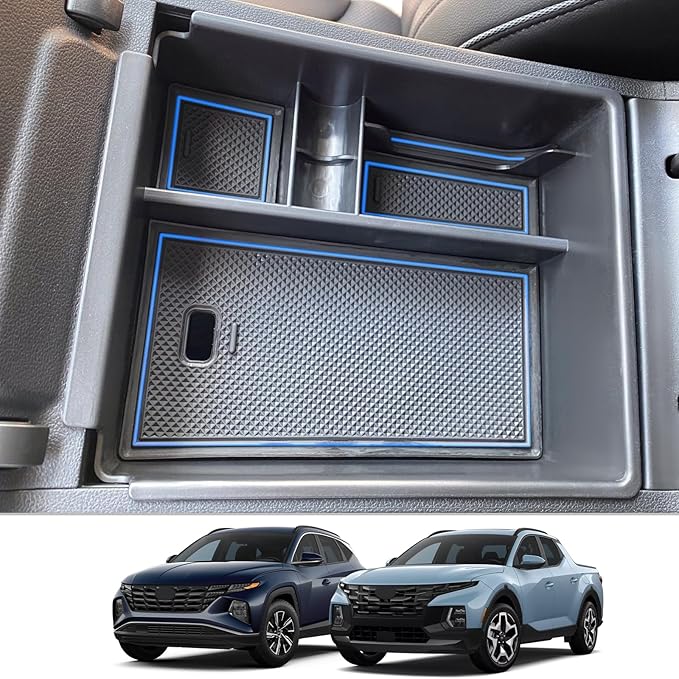 CDEFG Center Console Organizer Tray for 2022 2023 2024 Santa Cruz/ 2024 Tucson Limited Hybrid Armrest Storage Box Secondary Insert Tray Container 2024 Santa Cruz Tucson Limited Accessories (Blue Mat)