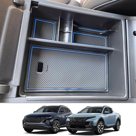 CDEFG Center Console Organizer Tray for 2022 2023 2024 Santa Cruz/ 2024 Tucson Limited Hybrid Armrest Storage Box Secondary Insert Tray Container 2024 Santa Cruz Tucson Limited Accessories (Blue Mat)
