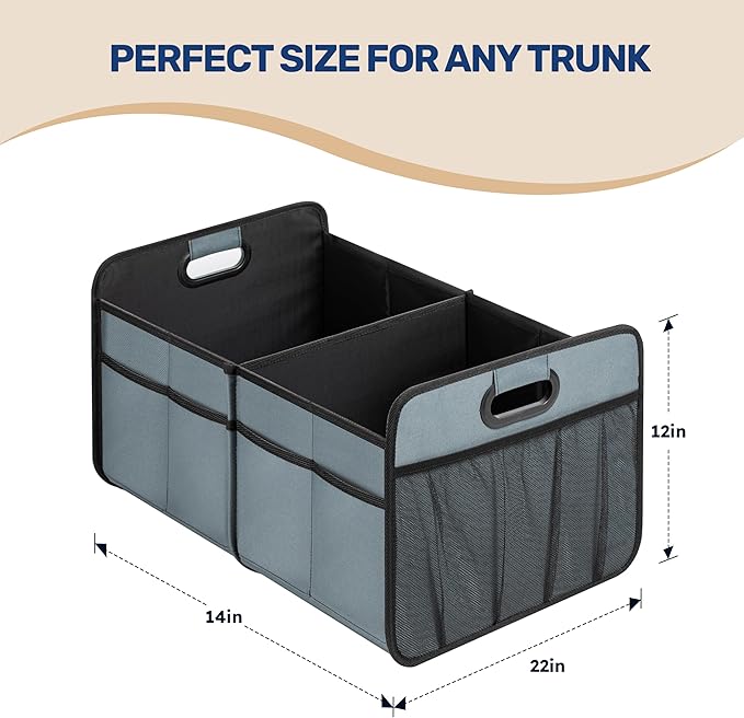 YSSOA Trunk Organizer for Car/SUV/Truck, Collapsible 2 Compartment Automotive Storage Box, 600D Waterproof Oxford Polyester 50L Travel Accessories, Anti-slip & Leak-proof, Grey-Green