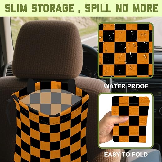 Car Garbage Bag Black Orange Checkered Drawstring Car Trash Bag Hanging for Back Seat with Adjustable Buckle Canvas Vehicle Trash Can Easy-to-Install for Car Accessories Vehicle Travelling Camping