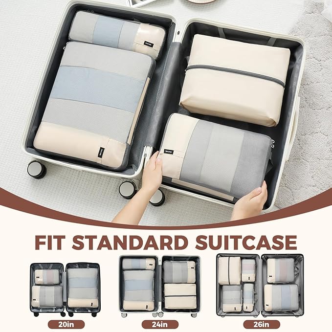BAGAIL 6 Set Lightweight Compression Packing Cubes with Packing List, Anti-Tearing Expandable Organizer Bags for Travel, Beige
