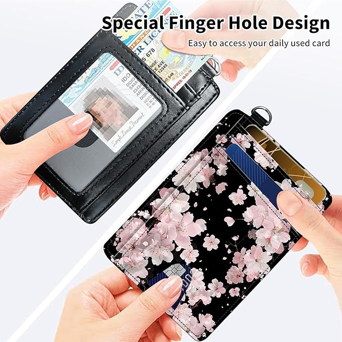 Slim Minimalist Front Pocket Wallet,Credit Card Holder Wallet for Women Men,RFID Blocking Credit Card Holder Case Leather Cute Small Thin Wallet ID Window&Wrist Strap,Pink Flower Black