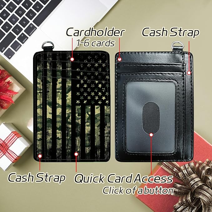 Small Travel Wallets, Military Camouflage American Flag Slim Minimalist Front Pocket Wallet with Wristlet, RFID Blocking PU Leather Credit Card Holder with ID Window Change Purse for Men Women