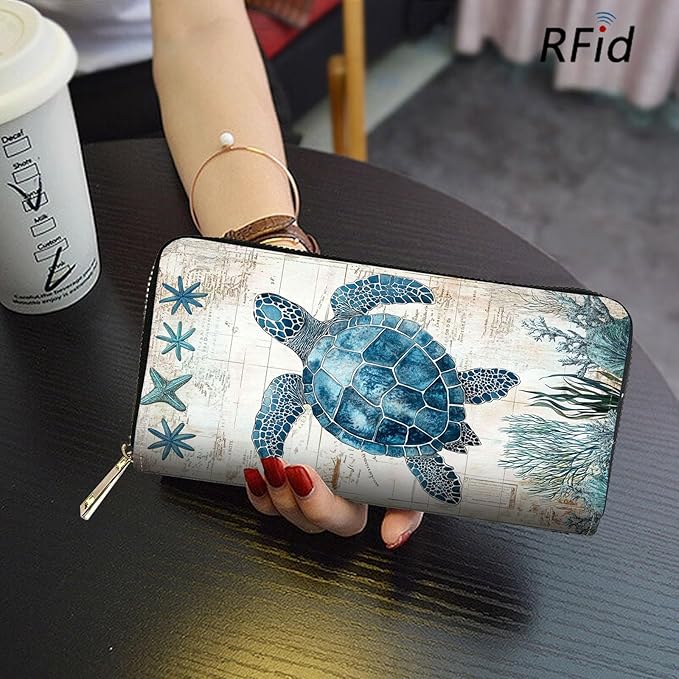 RFID Blocking Leather Wallet for Women – Large Capacity Zip Around Clutch with 8 Card Slots,13 Cash Pockets & Coin Zipper,Sea Turtle Illustration