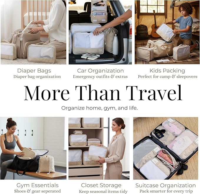 Packing Cubes Set – Cute Packing Cubes for Travel, Luggage Organizer Bags for Suitcase, For Kids & Family, Floral, Neutral & Aesthetic Travel Organizer Set-Gingham