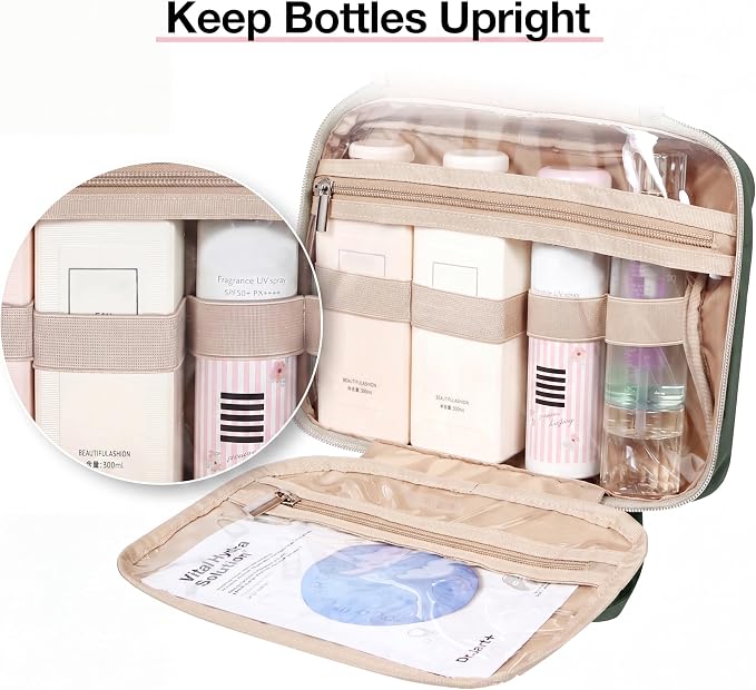 BAGSMART Toiletry Bag Hanging Travel Makeup Organizer with TSA Approved Transparent Cosmetic Bag Makeup Bag for Full Sized Toiletries(Dusty Green)
